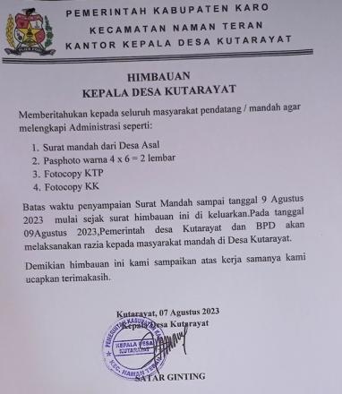 Surat Himbauan Kades  Kutarayat Mandah Wajib Tertib Administrasi